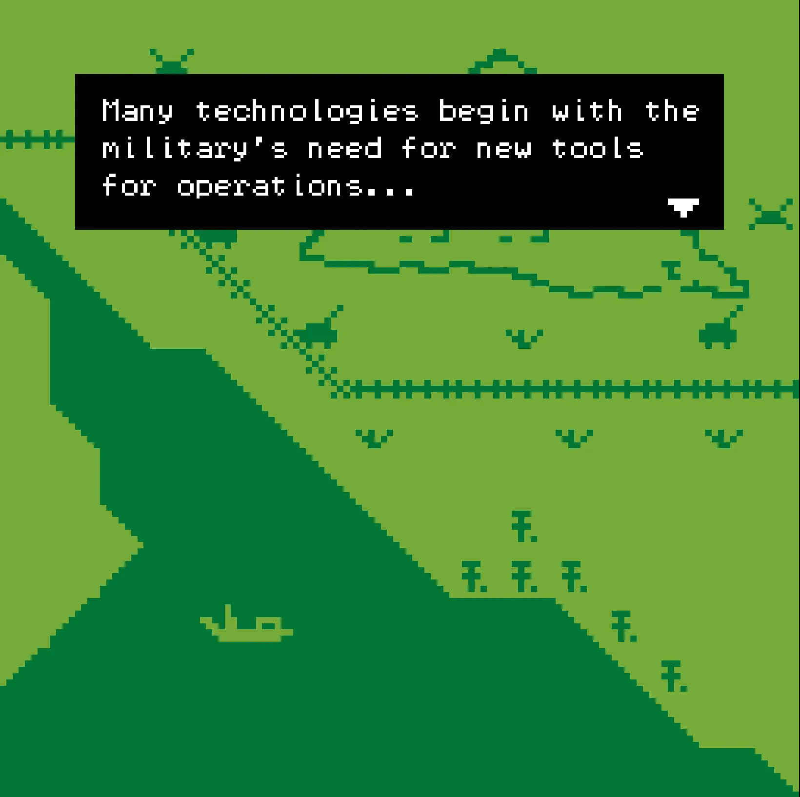 Game still, 8 bit style game of green military operation landscape scene