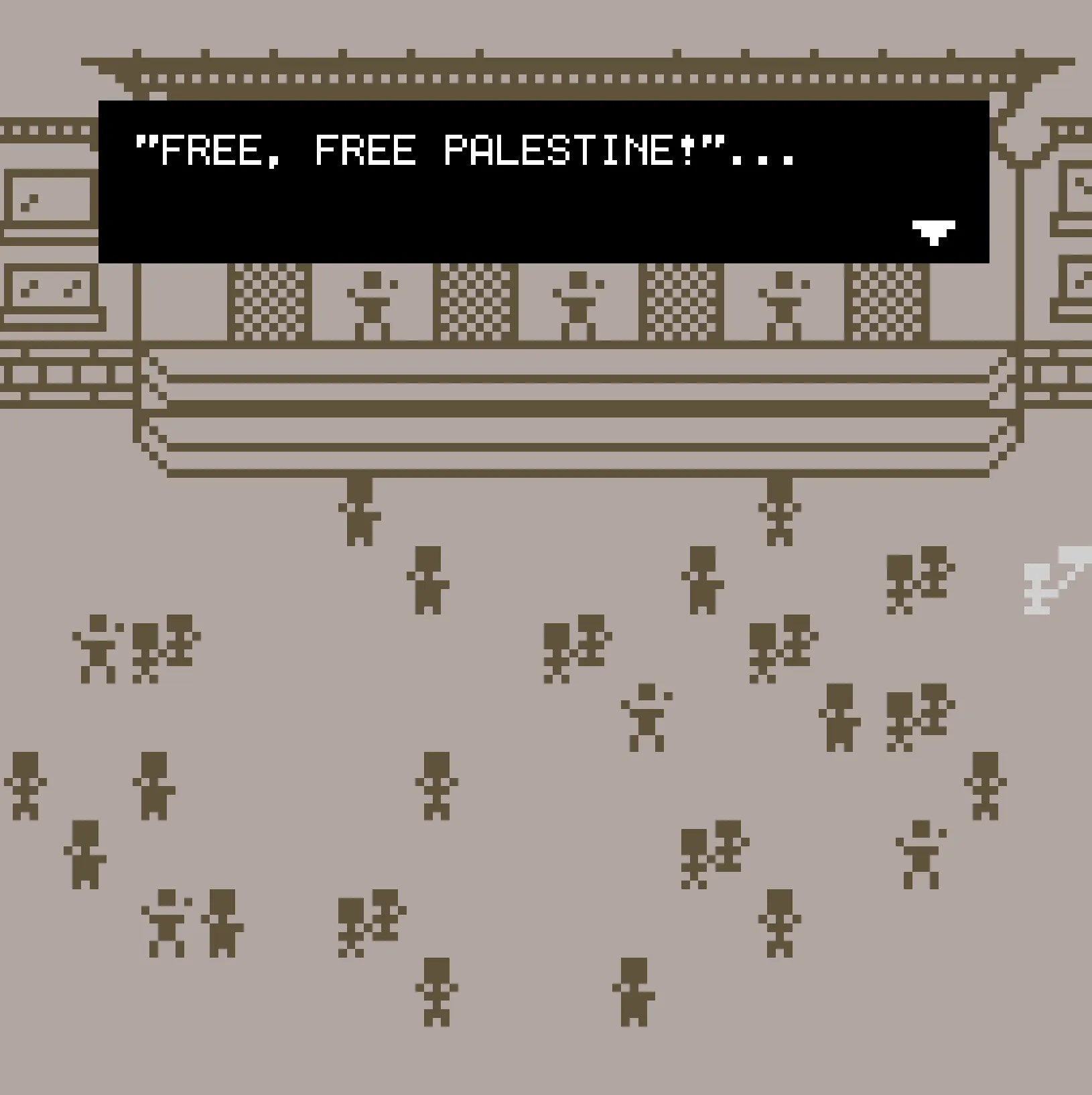 Game still, 8 bit style game of protest scene, text reads Free Palestine