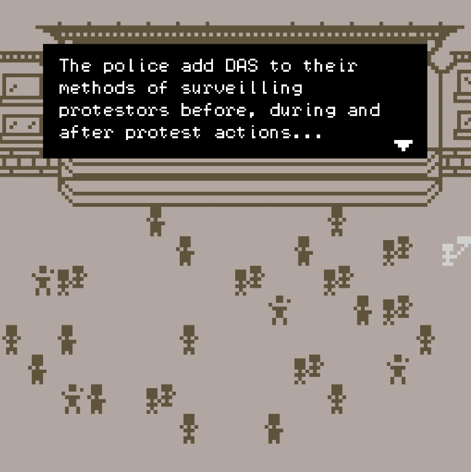 Game still, 8 bit style game of protest scene