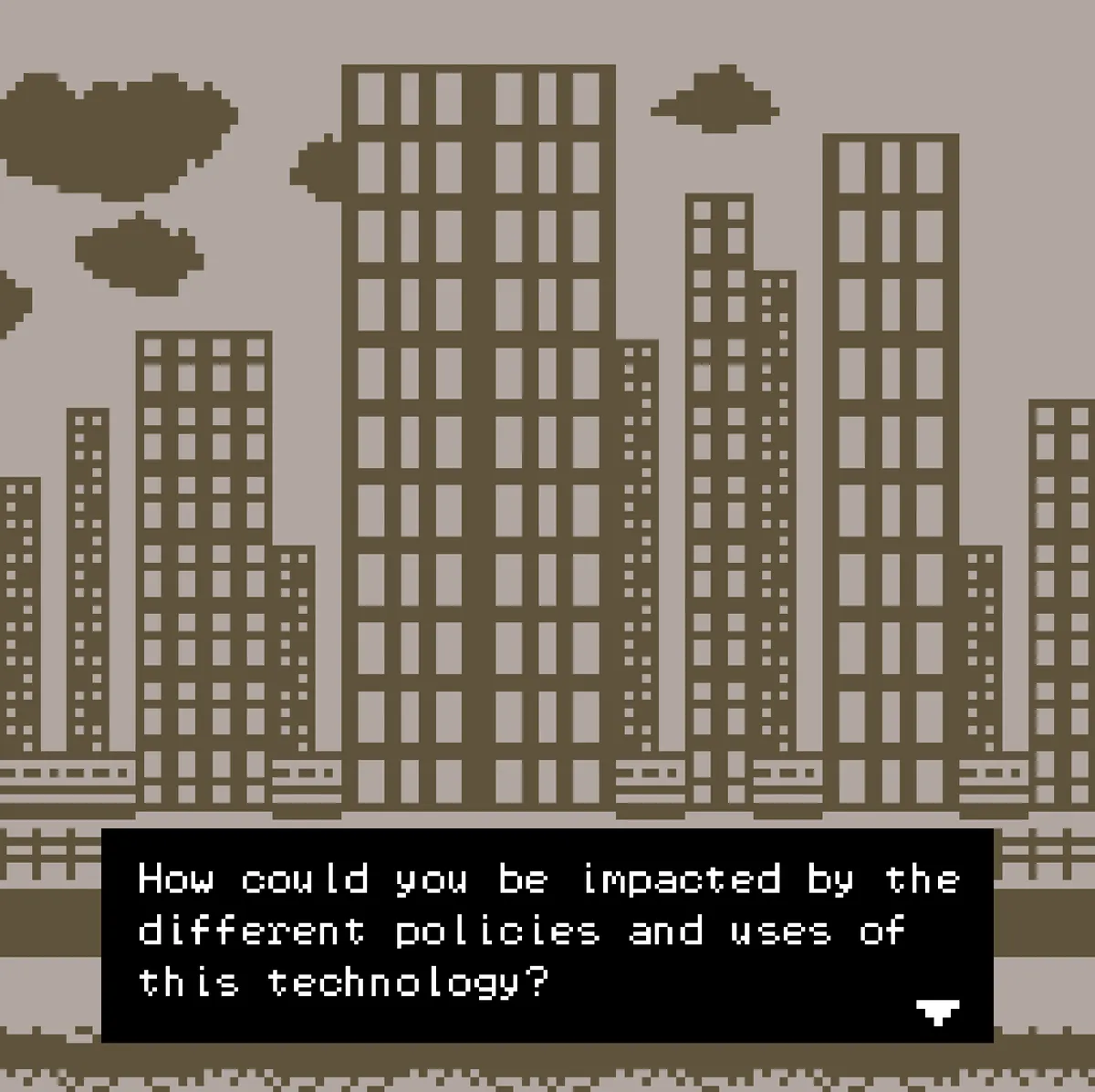 'Sound, Sensors and Surveillance' a Bitsy game by Angela YT Chan and Louis Cook