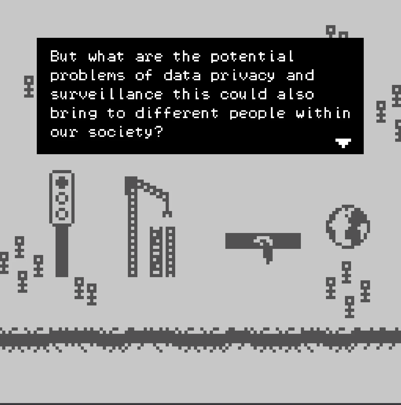 Game still, 8 bit style game world data scene