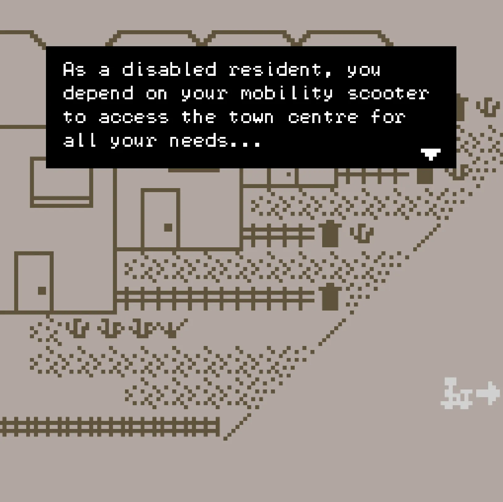 Game still, 8 bit style game disability scene